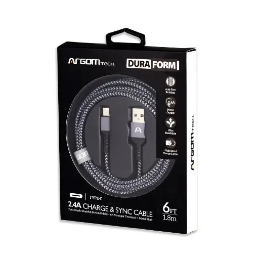 [ARG-CB-0025BK] CABLE ARGOM BLACK DURA TIPO-C A USB 2.0 NYLON BRAIDED 1.8M-6FT